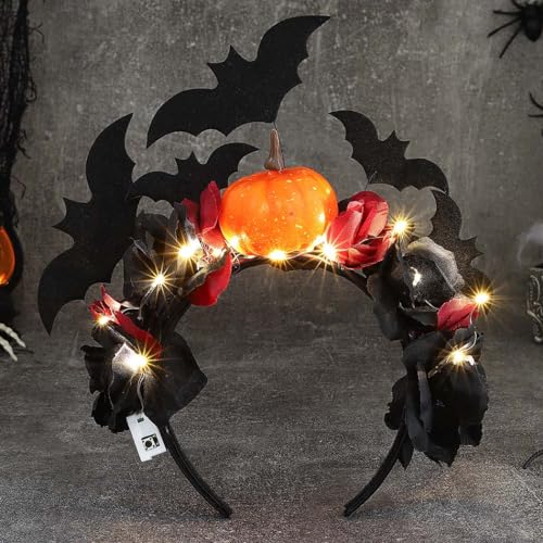 Vakkery LED Halloween Haarreif Leuchtende Kürbis Schläger Kopfschmuck Tag der Toten Blume Stirnband Halloween Party Karneval Haarschmuck für Damen von Vakkery