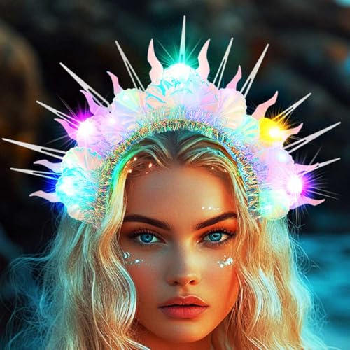 Vakkery LED Muschel Haarreif Leuchtender Halo Kronen Stirnbänder Meerjungfrau Kostüm Haarband Kopfschmuck Blinkender Halloween Festival Haarschmuck für Damen von Vakkery