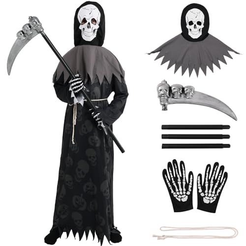 Valcatch Halloween Sensenmann Kostüm für Kinder Jungen Gruselige Geister-Phantom-Outfits mit Sense Schädel Kopf Maske Skelett Handschuhe Cosplay Prop Fancy Dress Up Kostüme von Valcatch