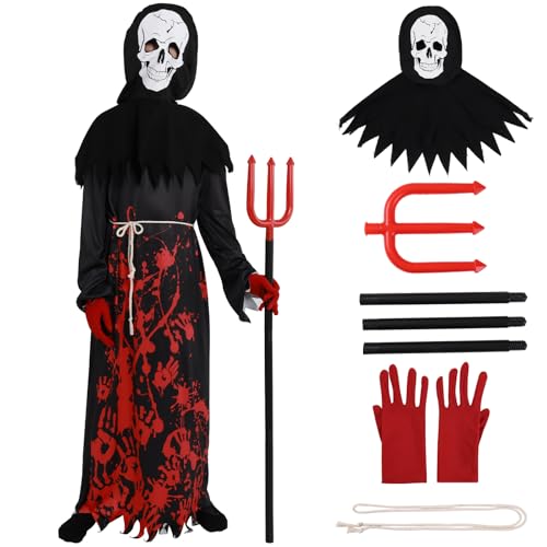 Valcatch Halloween Sensenmann Kostüm für Kinder Jungen Gruselige Geister-Phantom-Outfits mit Sense Schädel Kopf Maske Skelett Handschuhe Cosplay Prop Fancy Dress Up Kostüme von Valcatch