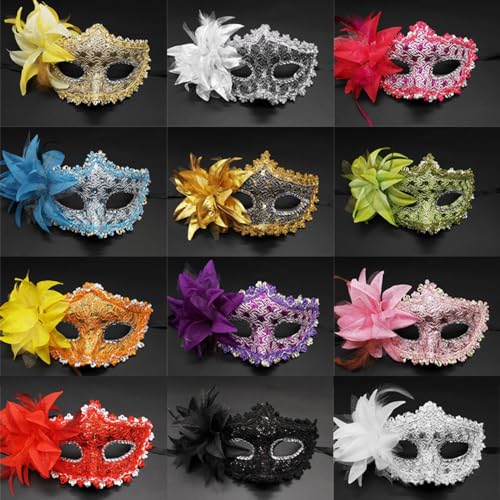 Valentigrl 12 Stück Maskenmasken für Halloween, Abschlussball, mit Blume, Vintage, verstellbare Halbgesichtsmasken aus Spitze für Halloween, Weihnachten, Kleid, Partyzubehör, 12 Stück, mehrfarbig von Valentigrl