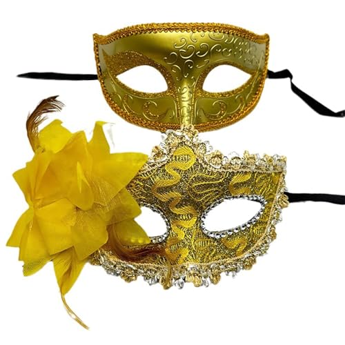 Valentigrl 2-teiliges Unisex-Masken-Set, Kunststoff-Kostümmaske, Karnevalsmaske für Damen und Herren, Party, Halloween, Weihnachten, goldene Kombination von Valentigrl