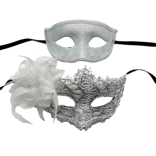 Valentigrl 2-teiliges Unisex-Masken-Set für Paare, Kunststoff, Kostüm, Maske, Karneval, Maske für Damen und Herren, Party-Maske, Halloween, Weihnachten, Silber-Weiß, Kombination von Valentigrl