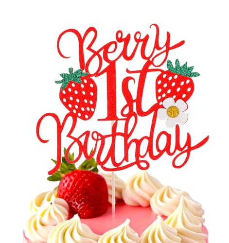 Erdbeer-Kuchenaufsatz zum 1. Geburtstag, Tortenaufsatz mit Blumen-Motiv "Sweet Fruit", rosa mit Glitzerakzenten, für den ersten Geburtstag und Veranstaltungen mit Erdbeermotiv Erdbeer-Kuchenaufsatz zum 1. Geburtstag, Tortenaufsatz mit Blumen-Motiv "Sweet Fruit", rosa mit Glitzerakzenten, für den ersten Geburtstag und Veranstaltungen mit Erdbeermotiv von ValueBargain