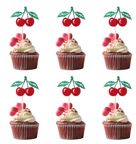 Kirsch-Kuchendekorationen, 36 Stück, rot und grün, glitzernde Cupcake-Topper für Babypartys/Geburtstage, Obst-Themen-Kuchenspieße (Sweet Cherry Partyzubehör) von ValueBargain
