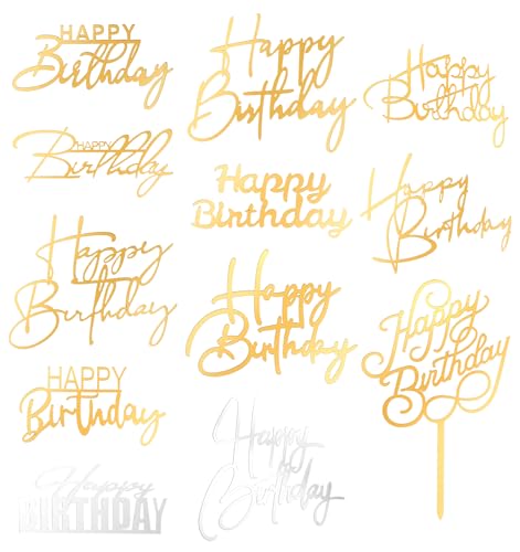 Seitenspiegel-Kuchenaufsätze aus Acryl, "Happy Birthday"-Dekorationen mit goldenen und silbernen Akzenten für Cupcakes und Partyzubehör, 12 Stück Seitenspiegel-Kuchenaufsätze aus Acryl, "Happy Birthday"-Dekorationen mit goldenen und silbernen Akzenten für Cupcakes und Partyzubehör, 12 Stück von ValueBargain