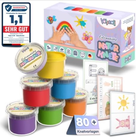 Valy&Oli® Knete - Extraweiche Naturknete - Vegane Bio Knete - Kinderknete ab 1 2 3 Jahren - XL Set 6 Farben à 100g - Reaktivierbar mit Wasser - Knetmasse ohne Mikroplastik - Ungiftig - Made in DE von Valy & Oli
