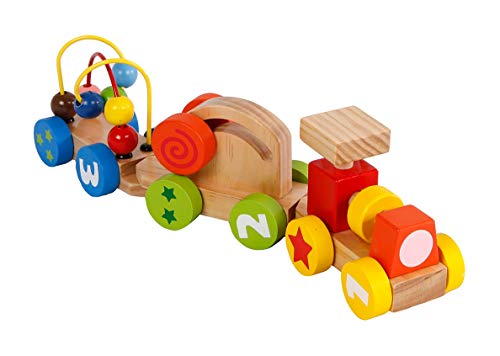 2-Play Wood Lernspielzug mit einer Lok und zwei Wagons (Zug mit 2 Aktivitätswagen bunt, Hochwertiges Holzspielzeug, Lernspielzeug), mehrfarbig - 610191 von Van Manen