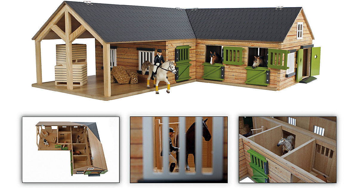 Kids Globe 610211 - Horses Pferdehof aus Holz - Maßstab 1:24, naturfarben, mit beweglichen Türen, Fenster und Tore braun von Van Manen
