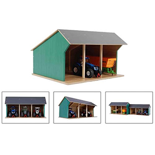 Kids Globe Schuppen Holz, für DREI Fahrzeuge/Anhänger Spielzeug Geräteschuppen Lagerhalle, Maßstab 1:32, Holzbauernhof, Holzstall, Bauernhof Spielzeug 610192 von Kids Globe