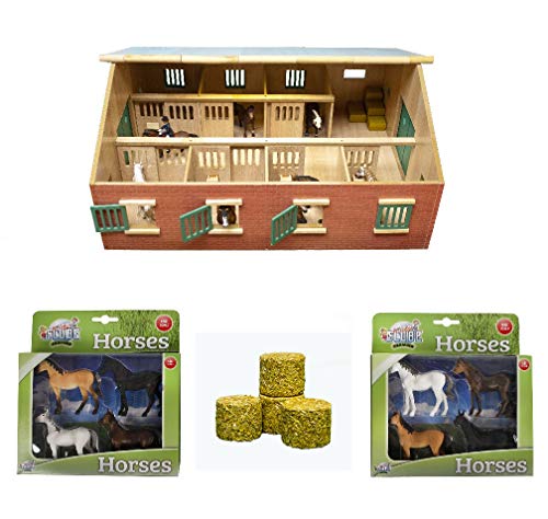 Kids Globe Farming Reiterhof Bauernhof Pferdestall Holz mit Zubehör 1:32 mit 7 Boxen, Spielzeug Pferdehof, mit praktischem Faltdach, für alle gängigen Tierfiguren von Kids Globe