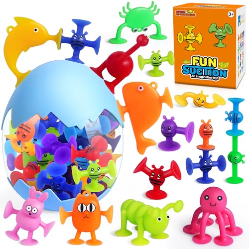 Baby Badespielzeug, 32 Pcs Saugnapf Spielzeuge mit Eierschalen Aufbewahrung, Fensterspielzeug, Fidget-Spielzeug, Reisespielzeug, Bauspielzeug für Jungen und Mädchen ab 3 Jahren von Vanmor