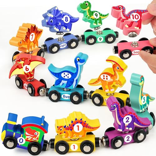 Vanmor Holz Dinosaurier Zahl Zug, Dinosaurier Spielzeug für 2 3 4 5 Jahre alt, Montessori Educational Learning Spielzeug, Geschenke für 1 2 3 4 5 Jahre alt Mädchen Jungen von Vanmor