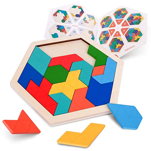 Vanmor Holz Sechseck Tangram Puzzle Für Kinder Erwachsene - Geometrische Form Muster Blöcke Brain Teaser Puzzles Mit 60 Lösung, Spaß Herausfordernde Logik Mind Puzzles Travel Games von Vanmor