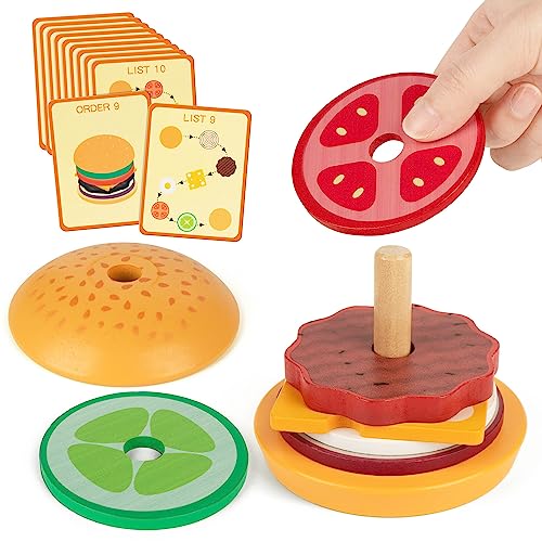 Vanmor Hölzerne Stack Burger, Lebensmittel Kochen Küche Spielen Montessori Spielzeug für 1 2 3 Jahre alt, pädagogische Vorschule Feinmotorik, Rollenspiel Geschenk für 1 2 3 Jahre alt von Vanmor