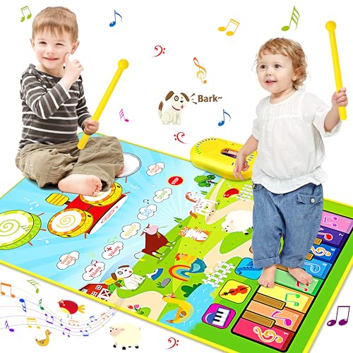 Vanmor Musikalische Matte für Kleinkinder, Musikalisches Spielzeug Kind Boden Klavier Keyboard und Trommel Matte Teppich mit 2 Sticks, Tier Decke Touch Play Mat Pads, Weihnachten Geburtstag Geschenke von Vanmor