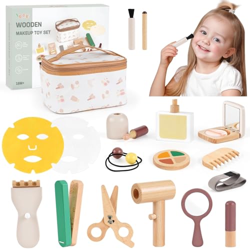 Vanplay Schminkkoffer Mädchen, Make-up-Spielzeug ab 2 3 Jahre Mädchen für Rollenspie, Holzschminke Spielset Holz Kinderschminke Set, Geschenk für Geburtstag für Kinder ab 2 3 4 Jahre (18 Stück) von Vanplay