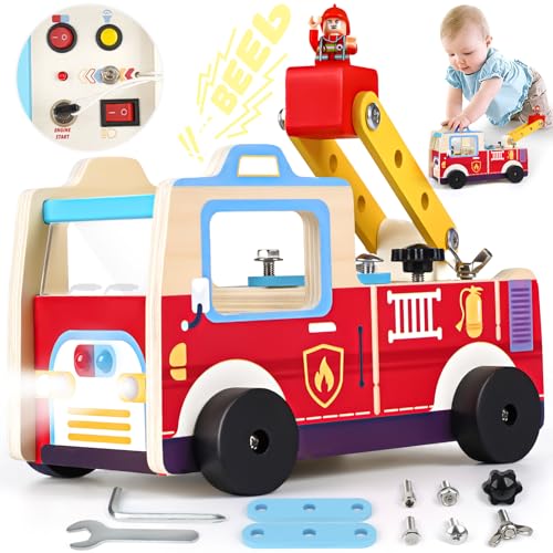 Vanplay Werkzeugkoffer Kinder Spielzeug Ab 3 Jahre Kinder Werkzeugkoffer Feuerwehrauto Holz mit Licht und Sound Geschenk Junge Mädchen 3 4 5 Jahre von Vanplay