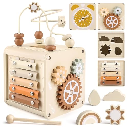 Vanplay Motorikwürfel Montessori Spielzeug Baby Motorikspielzeug ab 2 Jahr Activity Center Holzspielzeug Baby Aktivitätswürfel Xylophon Spielzeug 2 3 4 Jahre von Vanplay