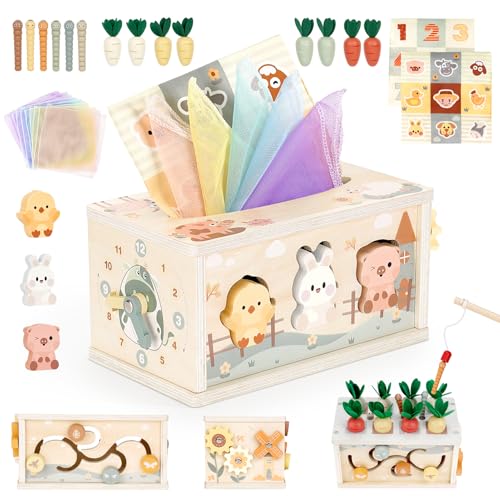 Vanplay Montessori Spielzeug Baby 12 Monate, 6 in 1 Tücherbox Baby Spielzeug ab 1 Jahr, Holzspielzeug Motorikspielzeug ab 1 2 3 Jahre Mädchen Junge, Geschenk Kind 1 Jahr von Vanplay