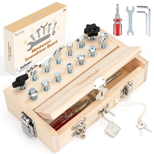 Vanplay Montessori Spielzeug ab 3 4 5 Jahre, Motorikspielzeug Holzspielzeug Schraubendreher Busy Board mit Schlüssel und Schloss, Kinderspielzeug Geschenke für Mädchen Junge von Vanplay