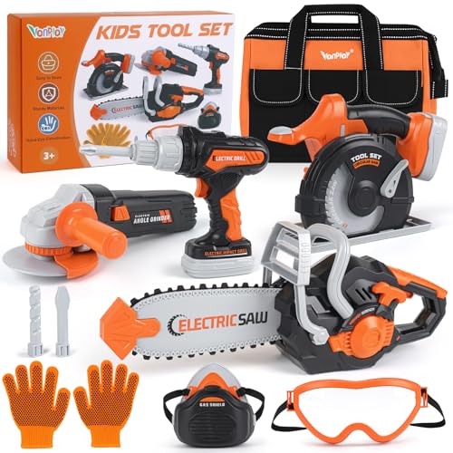 Vanplay Werkzeugkoffer Kinder Luxusmodell, Spielzeug Geschenk Junge Kinder ab 3、4、5 Jahren mit Elektrobohrmaschine Kettensäge Winkelschleifer Kreissäge, Aufbewahrungstasche von Vanplay