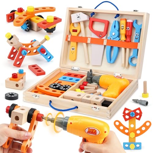 Werkzeugkoffer Kinder Montessori Spielzeug ab 3 Jahre Holzspielzeug mit Akkuschrauber Spielzeug ab 3 4 5 Jahre Junge Mädchen Geschenk (39 STK) von Vanplay