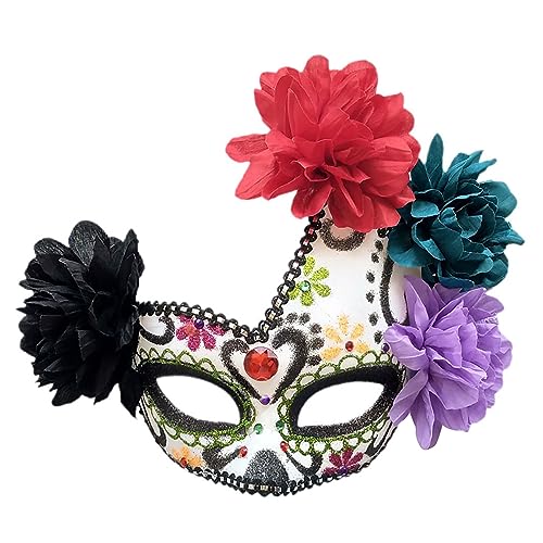 Vansza Mexikanische Tag der Toten Masken Damen Maskerade Masken Mexikanischer Tag der Toten Zuckerschädel Augenmasken Halloween mit Blumen Geistermasken CosPlay Performance Rave Party (B) von Vansza