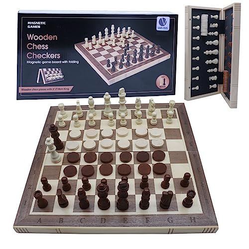 Various Magnetisches Schachspiel aus Holz, 39 x 39 cm, zusammenklappbares Brett, tragbare Reise-Schachbrettspiele, Brettspiel für Erwachsene und Kinder mit Extra-Queen-Teilen von Various