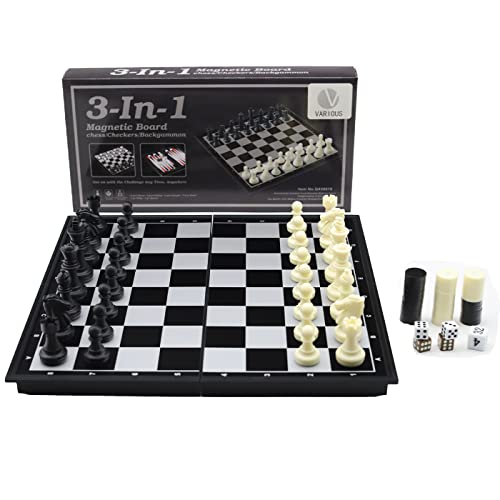 Various Schachbrett Magnetisches Schach Dame und Backgammon Spiel Tisch Fall mit Laptop Klappbrett für Reisen Kinder und Erwachsene (Schwarz-3 IN 1)… von various