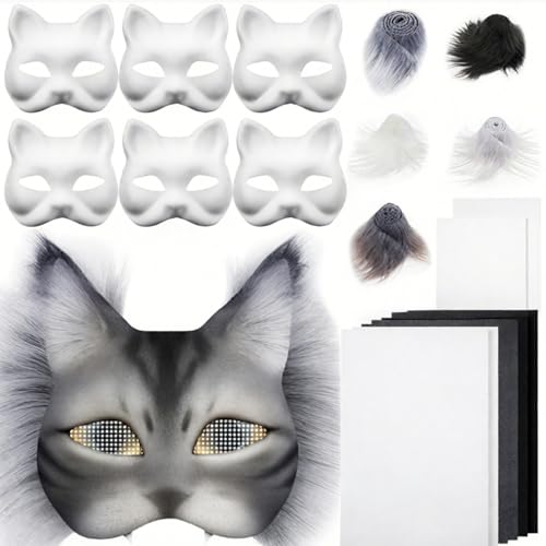 Therian Mask Set, DIY Therian Maskn Basteln, Katzenmaske Kit, Furry Cat Mask Set mit Blanko Katzenmaske/Gittergewebe/Filztuch/Kunstpelz, für Halloween Karneval Make up Cosplay Party (A) von Vartegas