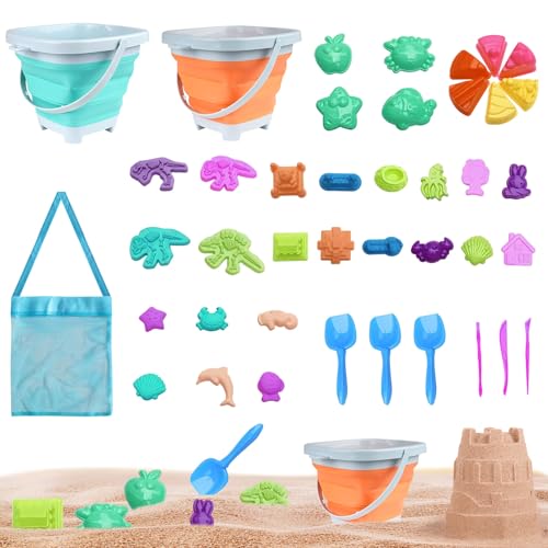 Vartegas Sandspielzeug Set, 41pcs Sandspielzeug ab 3 Jahre, Sandkasten Spielzeug, Sand Spielzeug mit 32er Sandförmchen 2er Faltbarer Eimer 3er Schaufel Kinder 1er Netztasche, für ab 3 Kinder (Set) von Vartegas