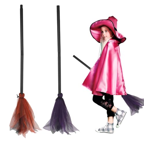 Vaskula 2 Stück Hexenbesen Kinder 83cm Plastik Magic Broom Hexenstab Hexen Accessoires Abnehmbare Fliegender Besenstiel für Cosplay Party Halloween Deko (Orange/Lila) von Vaskula