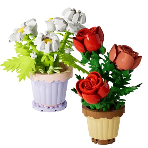Vaskula 2 Stück Mini Blumen Bausteine Set Simulation Gänseblümchen Rose Blume Botanische Topf Pflanze Blüte Bonsai Bausteine Pflanzen Partikel Blumen Botanische Spielzeug für Heimdekoration von Vaskula