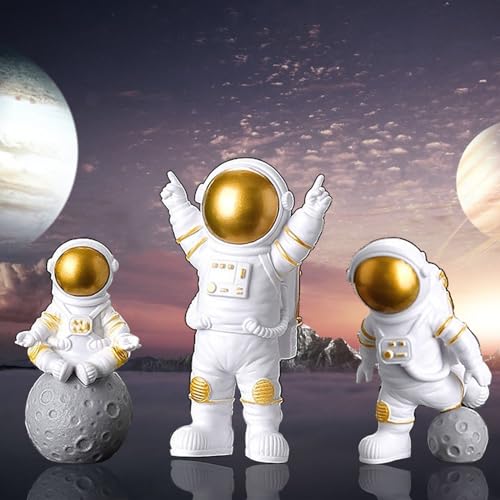 Vastsea 3 Stück Spaceman Statuen, Astronauten Figur Modell, Kuchen Topper, Weihnachten Halloween Geburtstag, Gelten Geburtstag Party Cake Toppers(Gold) von Vastsea