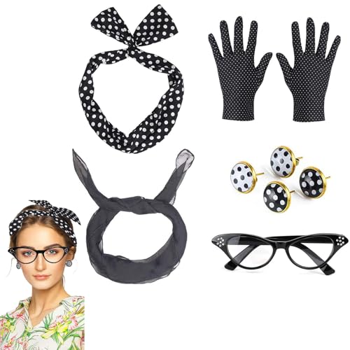 Vastsea 9 Stück Rockabilly Accessoires 50er, 50er Jahre Kostüm Zubehör Set, 1950s Kostüm Set, Cat Eye Brille Bandana Krawatte Stirnband Drop Dot Ohrringe, für Motoparty Retro Teily Party (Schwarz) Vastsea 9 Stück Rockabilly Accessoires 50er, 50er Jahre Kostüm Zubehör Set, 1950s Kostüm Set, Cat Eye Brille Bandana Krawatte Stirnband Drop Dot Ohrringe, für Motoparty Retro Teily Party (Schwarz) von Vastsea