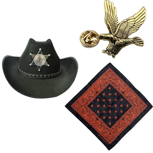 Vastsea Western Cowboy Kostüm Zubehör Set, Flying Eagle Pin, Cowboyhut mit Sternen, Cowboy Hut Bandana, für Halloween Party Dress Up Vastsea Western Cowboy Kostüm Zubehör Set, Flying Eagle Pin, Cowboyhut mit Sternen, Cowboy Hut Bandana, für Halloween Party Dress Up von Vastsea