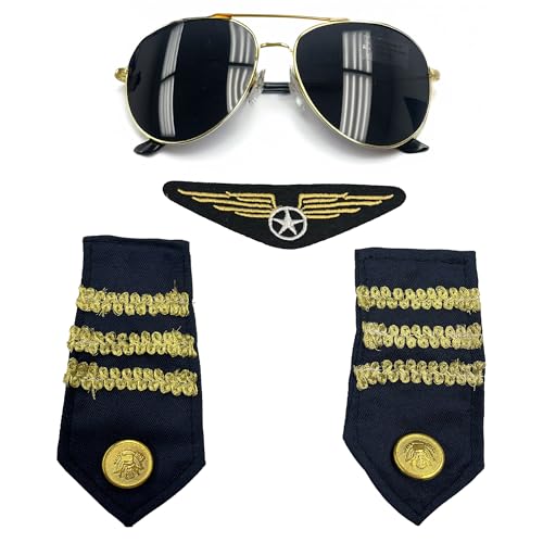 Pilotenkostüm-Set, Pilotenkostüm-Zubehör, Flugzeug-Piloten-Kostüme, Pilotenkapitän, Piloten-Kostüm, Piloten-Sonnenbrille, Abzeichen + 2 Schulterklappen, mehrfarbig, Einheitsgröße Pilotenkostüm-Set, Pilotenkostüm-Zubehör, Flugzeug-Piloten-Kostüme, Pilotenkapitän, Piloten-Kostüm, Piloten-Sonnenbrille, Abzeichen + 2 Schulterklappen, mehrfarbig, Einheitsgröße von Vaulted Skulls & Co
