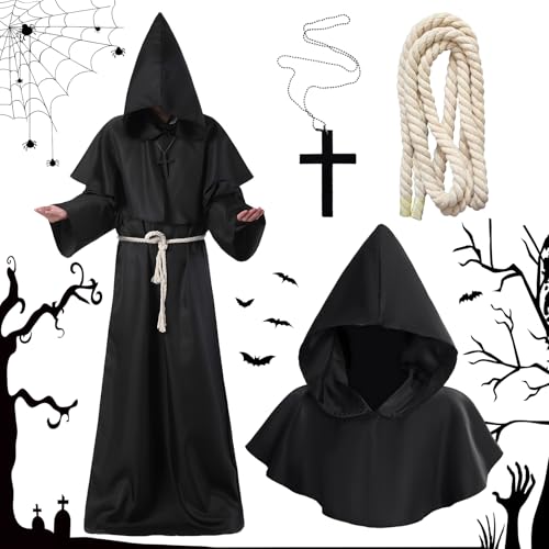 Vautvis Mönch Robe Kostüm Mönch Priester Gewand Halloween Kostüm mit Kapuze, Kreuz-Halskette, Handschuhe Und Kordel, Herren Mönchskutte Priester Robe Halloween Cosplay(L) von Vautvis