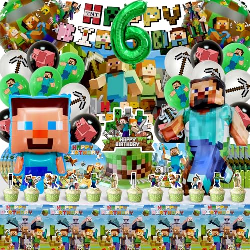 81pcs Kinder Geburtstagsdeko 6 Jahre, Luftballons Minecr, Kuchen Spiel Dekoration, Minecr Geburtstag Deko, Kinder Party Geburtstag Dekoration Banner Tischdecke von Vckjljid