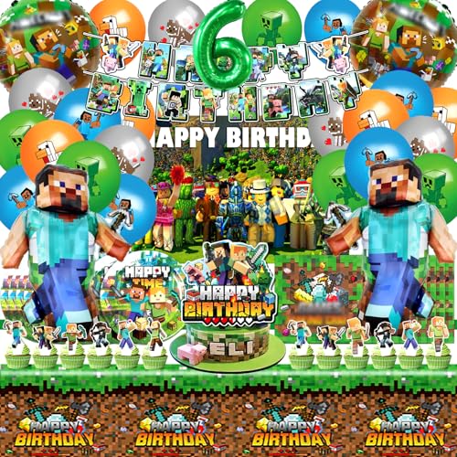 83pcs Minecr Geburtstag Deko 6 Jahre, Kinder Geburtstagsdeko, Luftballons Minecr, Kuchen Spiel Dekoration, Kinder Party Geburtstag Dekoration Tischdecke Banner von Vckjljid
