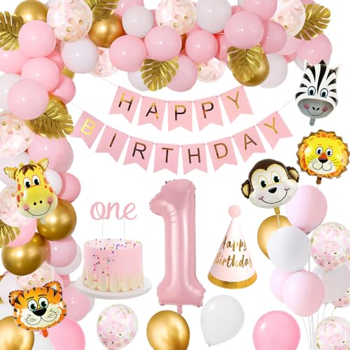 Geburtstagsdeko 1 Jahr Mädchen,Dschungel Kindergeburtstag Deko 1. geburtstag Rosa Luftballons Geburtstagsdeko,Happy Birthday Banner Dekoration für Mädchen Wild One Waldtiere Ballons 1. Geburtstag Deko von Vcumter