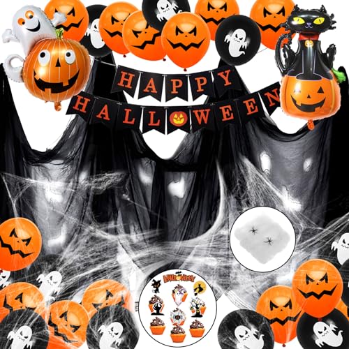 Halloween Deko Kinder Set, Halloween Dekoration Kinderparty, Happy HalloweenBanner, Große Fledermaus KüRbis Ghost Spinne Halloween Ballons, Dekostoff, Spinnennetz für Haus Grusel Party Garten Deko von Vcumter