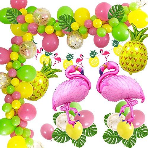 Hawaii Beach Party Dekoration, Tropical Summer Party Zubehör Luau Hawaii Theme Party mit Flamingo Ananas Heliumballons, Dekor Girlande Bunting Banner und Latex Party Ballons Packung mit 50 Stück von Vcumter