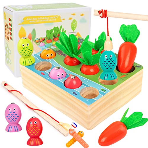 Montessori Spielzeug 2 Jahre, Holzspielzeug 2 Jahre, Magnetische Angelspiel Sortierspiel Holzpuzzle Karottenernte 3 in 1Holzspielzeug, Lernspielzeug Geschenk für Kinder Kleinkind ab 2 3 4 Jahr von Vcumter