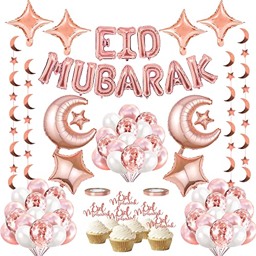 Ramadan Dekoration Ballons, Eid Mubarak Dekoration Rosegold Luftballons, Ramadan Deko Eid Mubarak Girlande, Mond Sterne Folienballon für Home Ramadan Mubarak Eid Party Dekoration von Vcumter