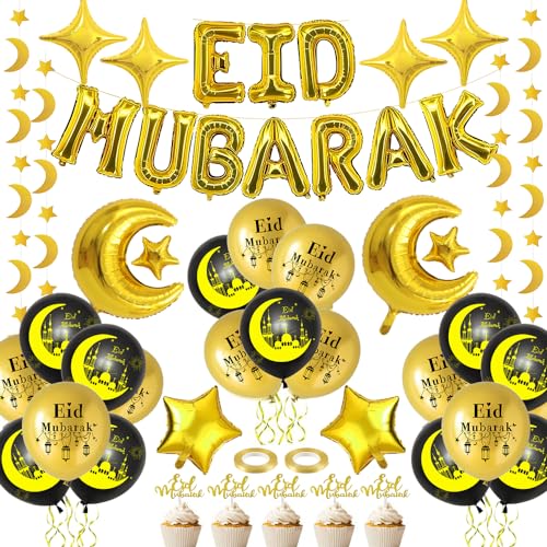 Ramadan Dekoration Ballons, Eid Mubarak Dekoration Schwarzes Gold Luftballons, Ramadan Deko Eid Mubarak Girlande, Mond Sterne Folienballon für Home Ramadan Mubarak Eid Party Dekoration von Vcumter