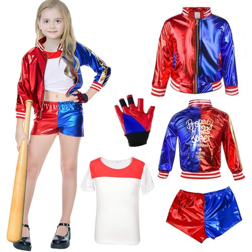 Vcumter Quinn Cosplay Kostüm für Kinder - Mädchen Outfit Mit Jacke, T-Shirt, Shorts, Handschuh - Clown Kleid für Halloween, Weihnachten, Karneval - 150 cm Vcumter Quinn Cosplay Kostüm für Kinder - Mädchen Outfit Mit Jacke, T-Shirt, Shorts, Handschuh - Clown Kleid für Halloween, Weihnachten, Karneval - 150 cm von Vcumter