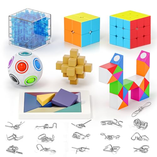 Vdealen 23er Pack Denksport Puzzles Spielzeugset, 2x2 3x3 Speed Cube 3D Labyrinth Box 3D Unlock Interlock Rainbow Puzzle Ball Snake Cube Tangram Metal Wire von Vdealen