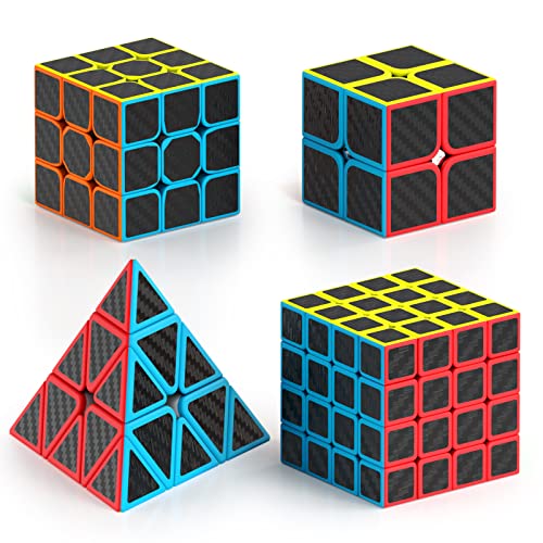 Vdealen Zauberwürfel Set Speed Cube von 2x2 3x3 4x4 Pyramide Zauberwürfel Original, Magic Cube Würfel Puzzle, Geschenk für Kinder Teenager Erwachsene(Kohlefaser-Aufkleber) von Vdealen